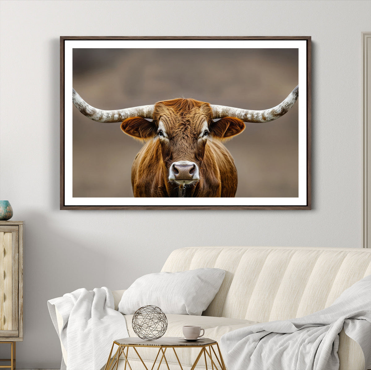 Texas Longhorn Wall Art Canvas Print | Rustic Brown Bull Western Decor