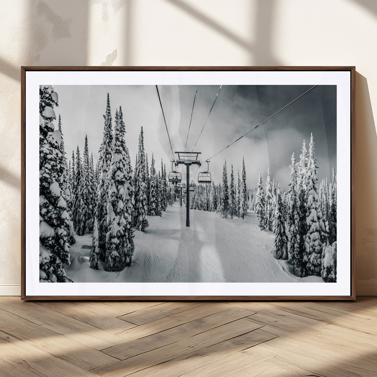 Snowy Pines Wall Art Canvas Print | Ski Lift in a Winter Forest