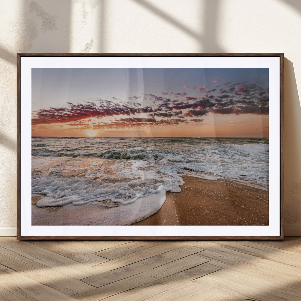 Ocean Sunset Wall Art Canvas Print | Sandy Shore and Gentle Waves