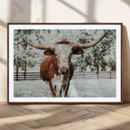 Texas Longhorn Wall Art Canvas Print | Framed Spotted Brown and White Bull