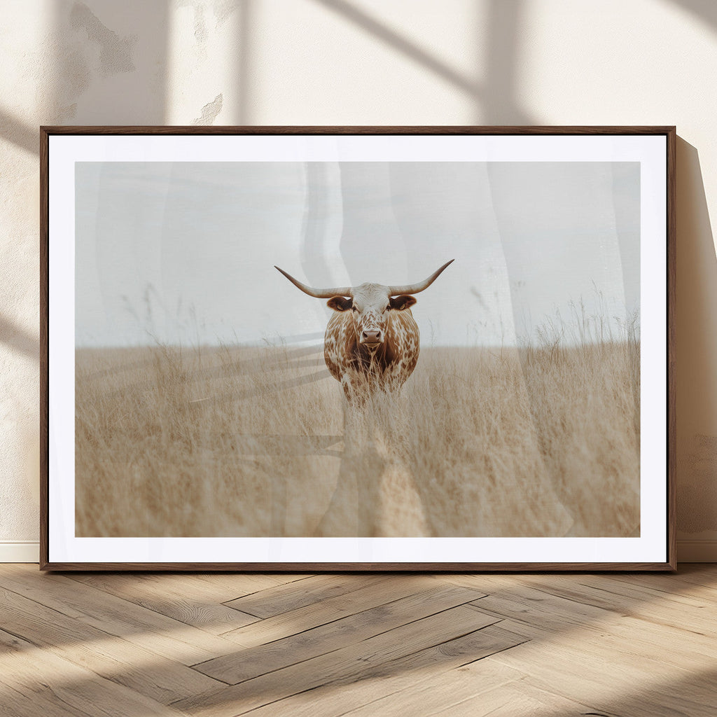 Texas Longhorn Wall Art Canvas Print, Framed Lone Cattle and Longhorn Bull Scene