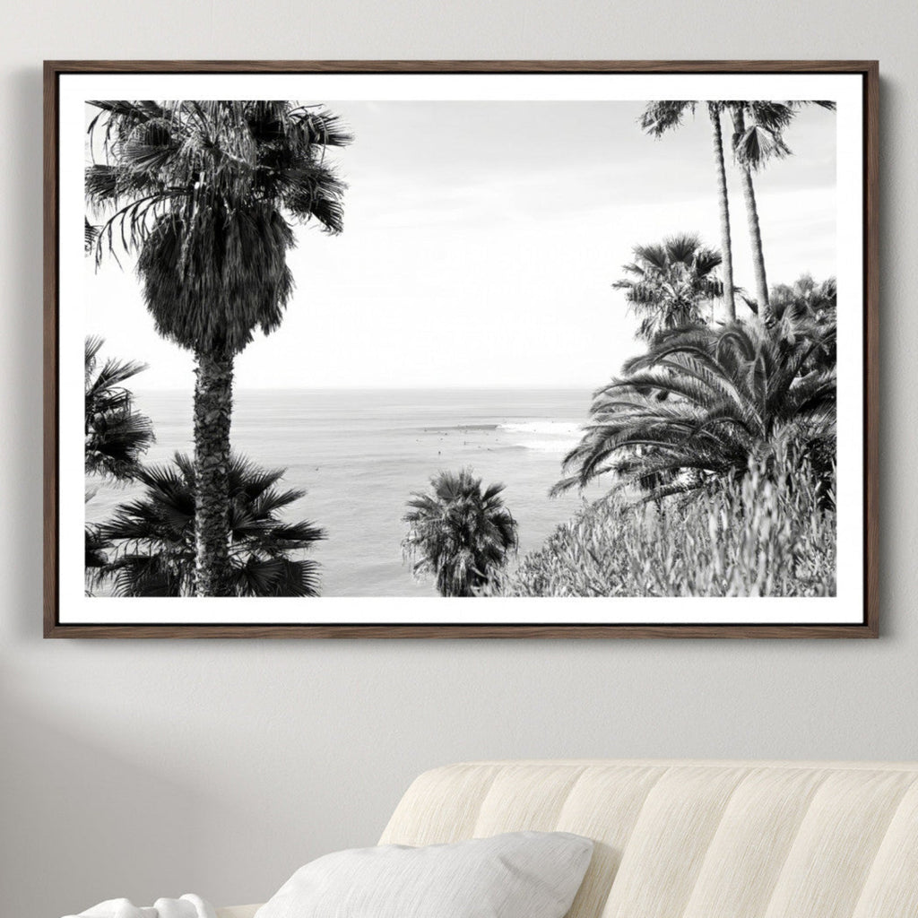 Palm Trees Wall Art Canvas Print, Framed Coastal Ocean Horizon Monochrome Art