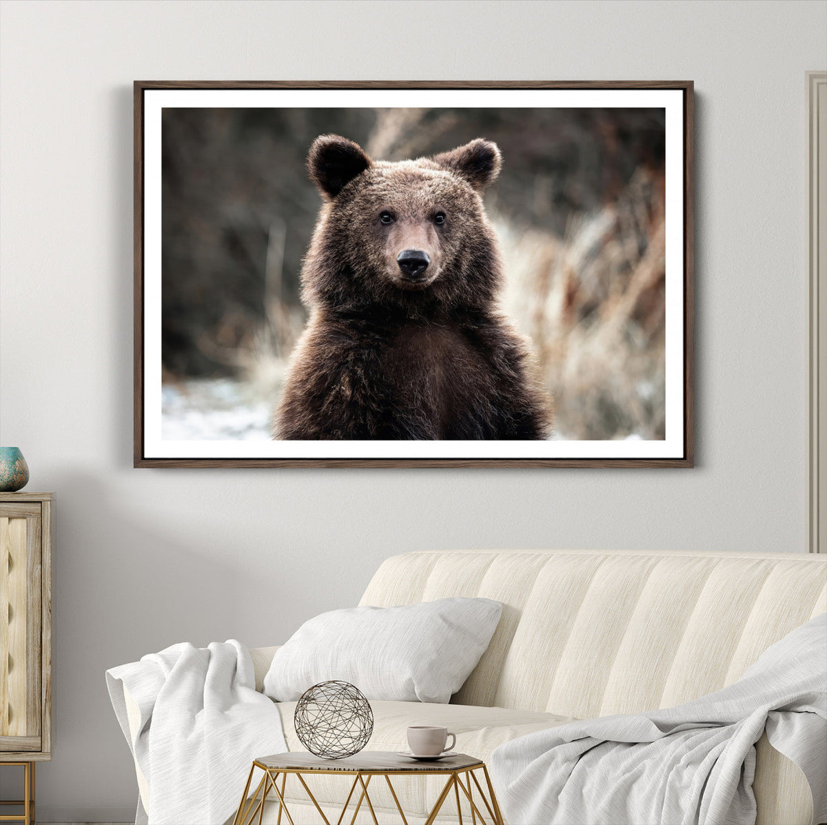 Brown Bear Wall Art Canvas Print, Framed Majestic Woodland Wildlife Cabin Art