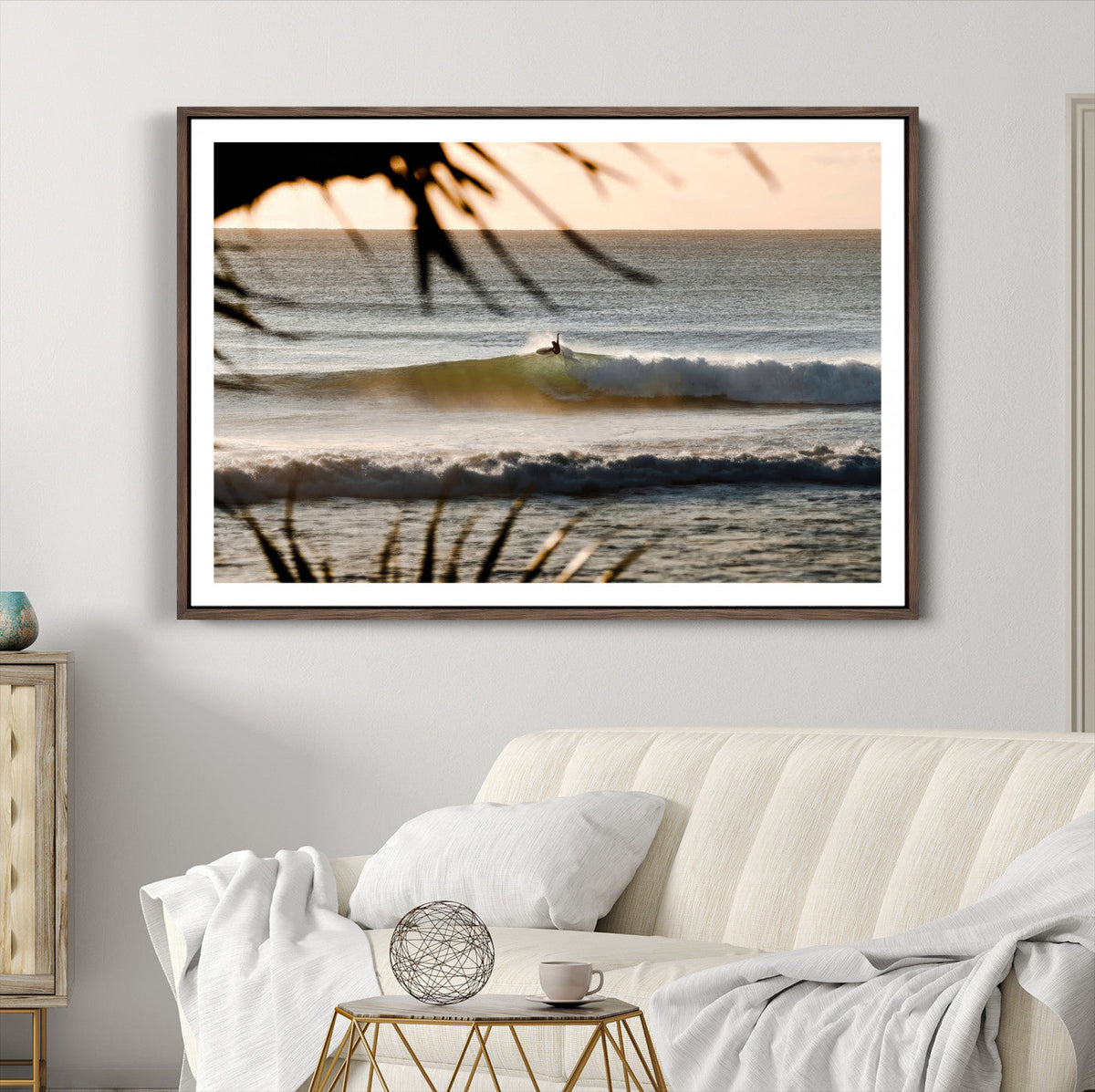 Sunset Surf Wall Art Canvas Print, Framed Golden Hour Waves Boho Beach Art