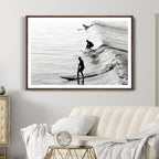 Surfers on Waves Wall Art Canvas Print | Framed Black and White Surf
