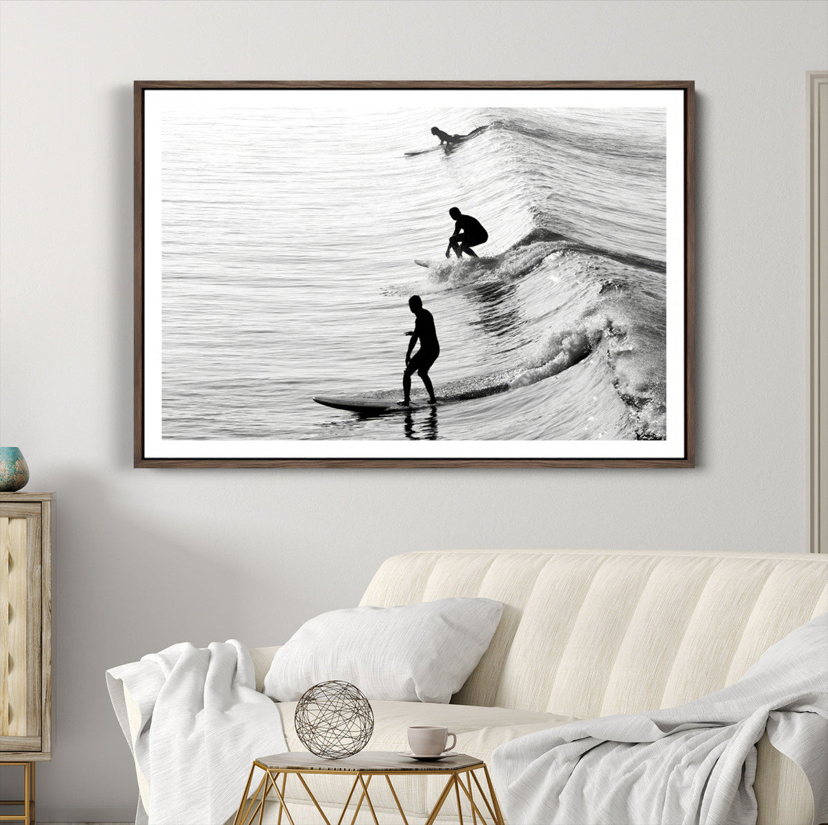 Surfers on Waves Wall Art Canvas Print | Framed Black and White Surf