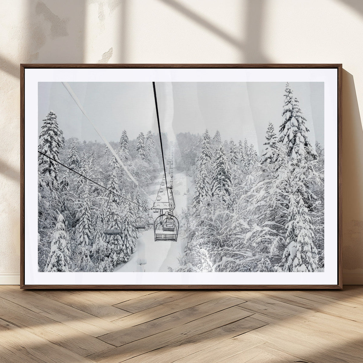 Snowy Ski Lift Wall Art | Framed Winter Mountain Canvas