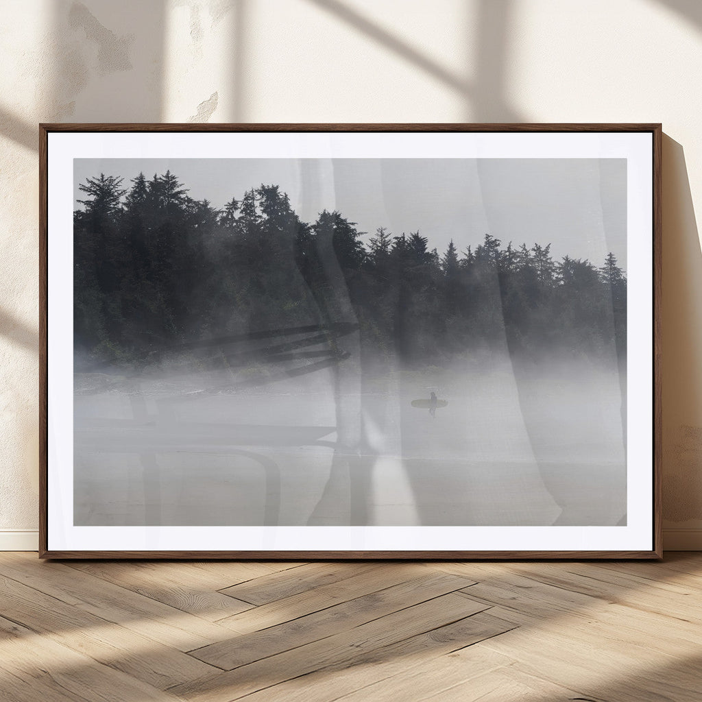 Surfer Fog Wall Art Canvas Print, Framed Foggy Beach and Coastal Surf Scene