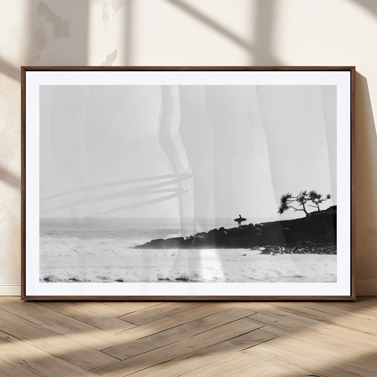 Surfer Cliffs Wall Art Canvas Print, Framed Black White Beach and Ocean Waves