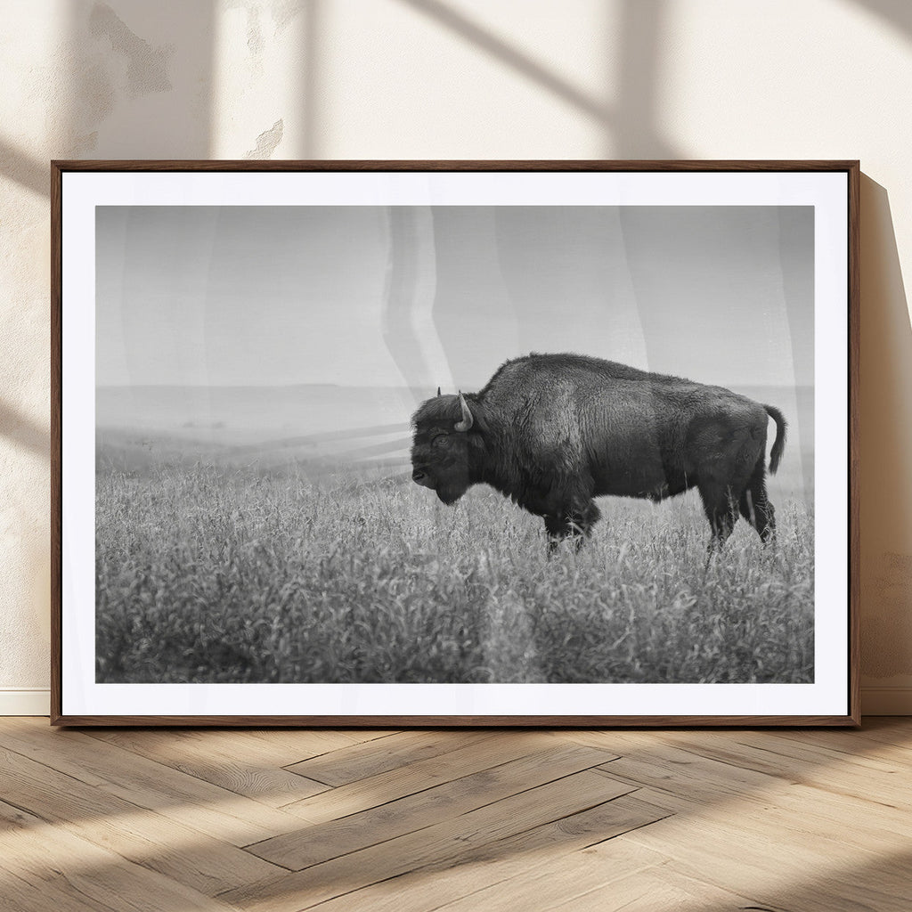 Bison Wall Art Canvas Print, Framed Rustic Wildlife Scene with Wild Buffalo