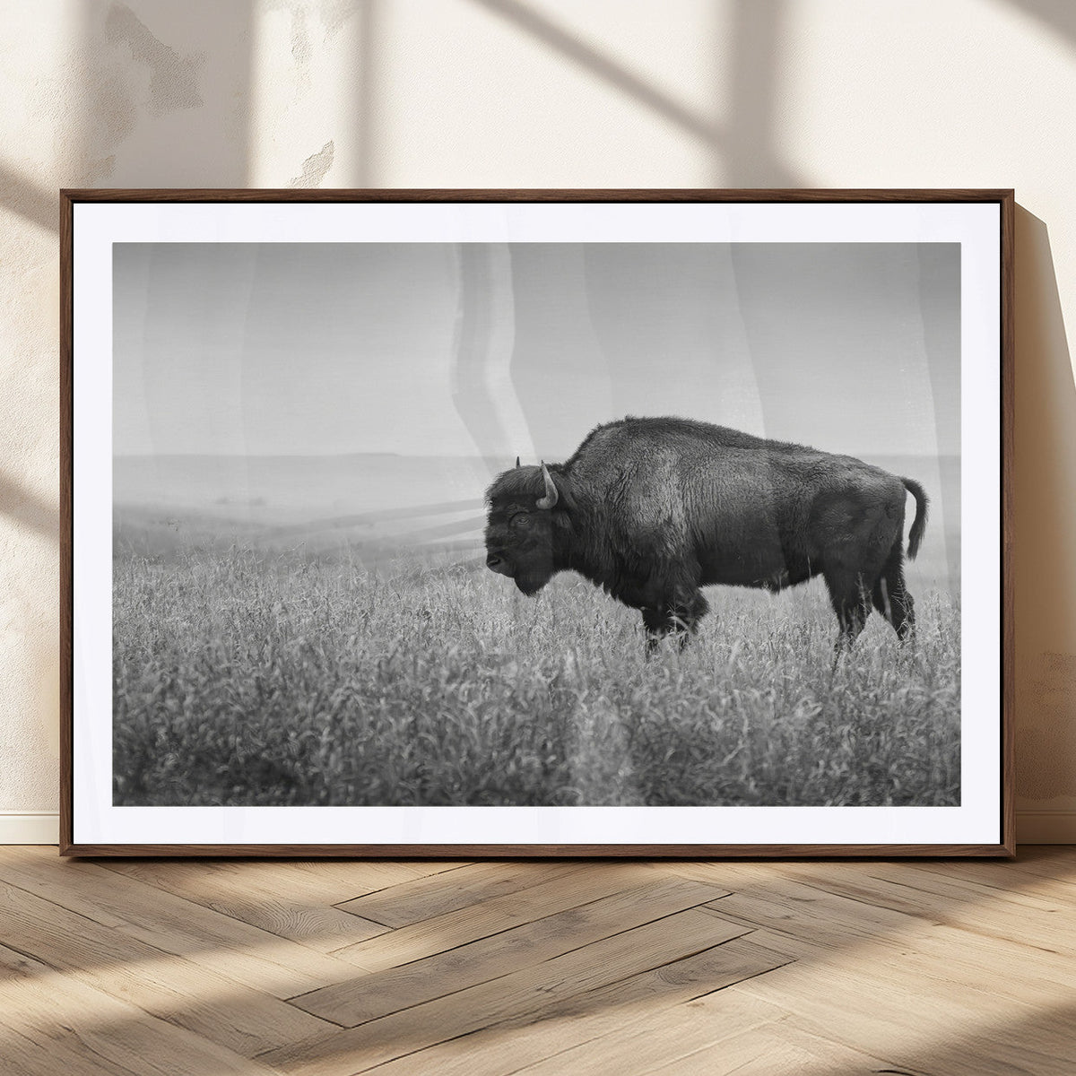 Bison Wall Art Canvas Print, Framed Rustic Wildlife Scene with Wild Buffalo