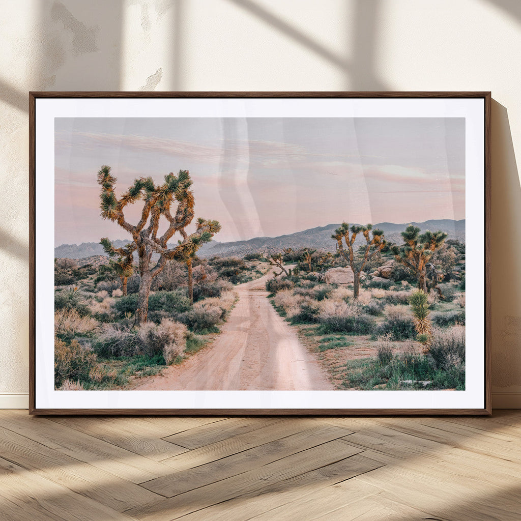 Joshua Tree Wall Art Canvas Print, Framed Desert Road Scene at Sunset