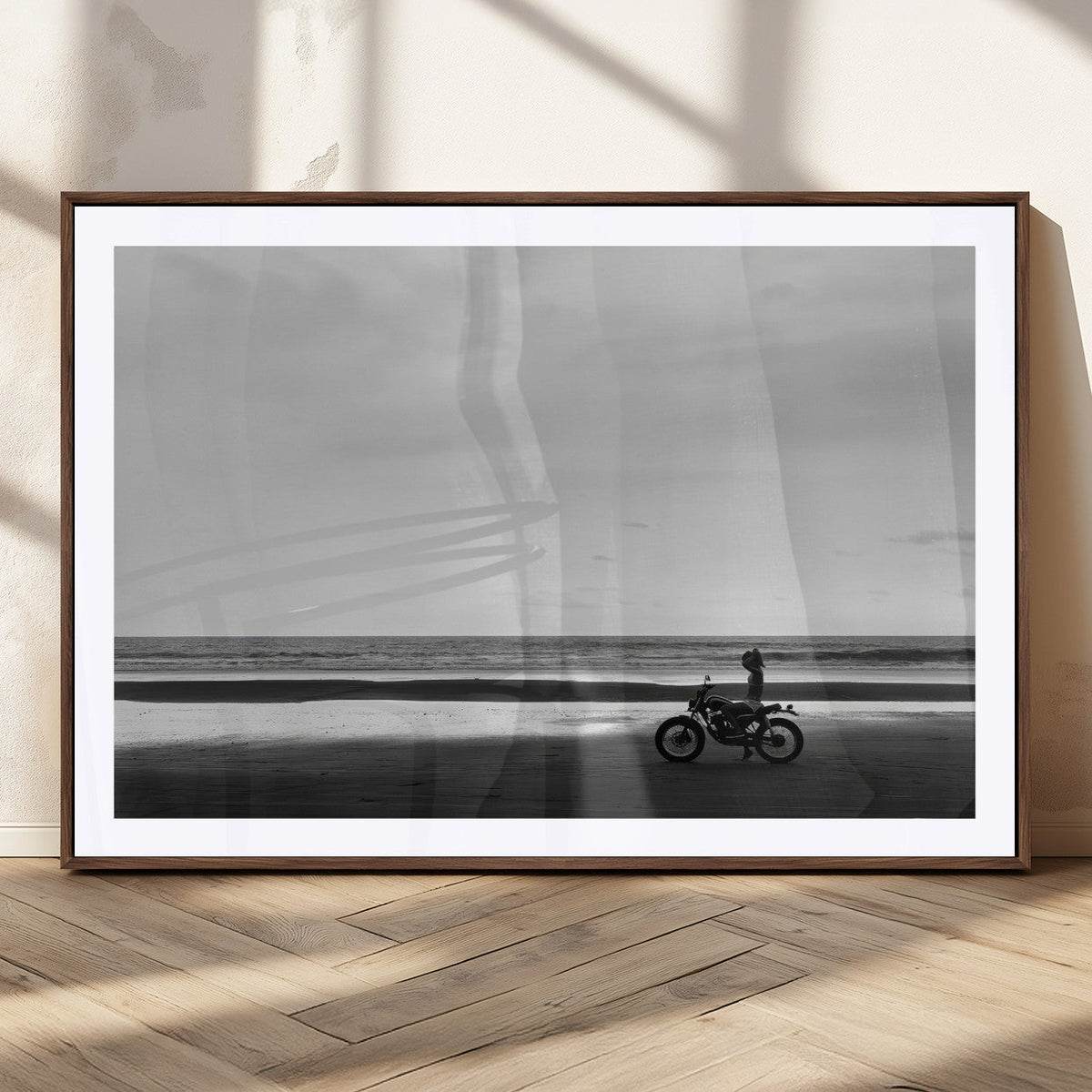 Motorcycle Beach Wall Art Canvas Print, Framed Vintage Motorcycle and Biker Silhouette