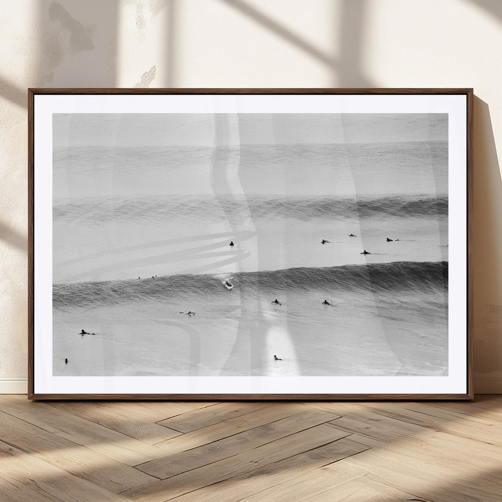 Black White Ocean Wall Art Canvas Print, Framed Coastal Sport and Ocean Swimmers Scene