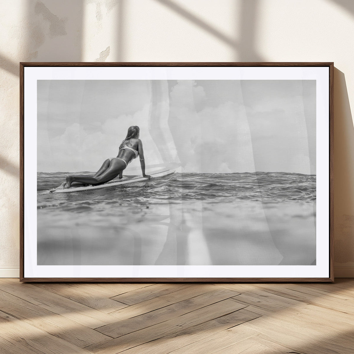 Black and White Surfing Wall Art Canvas Print, Framed Ocean Horizon Surfer Girl