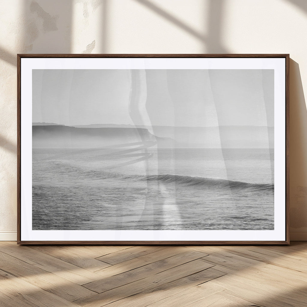 Black and White Seascape Wall Art Canvas Print, Framed Misty Ocean Waves