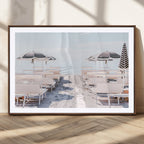 Minimalist Beach Wall Art Canvas Print, Framed Pastel Sand and Striped Umbrella Artwork