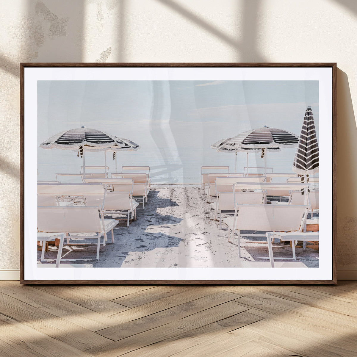 Minimalist Beach Wall Art Canvas Print, Framed Pastel Sand and Striped Umbrella Artwork