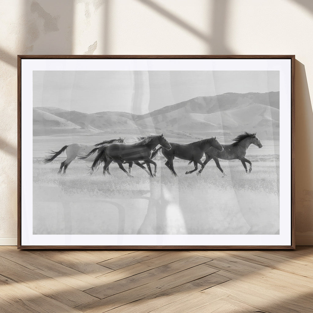 Wild Horses Running Wall Art Canvas Print, Framed Black White Mustangs Artwork