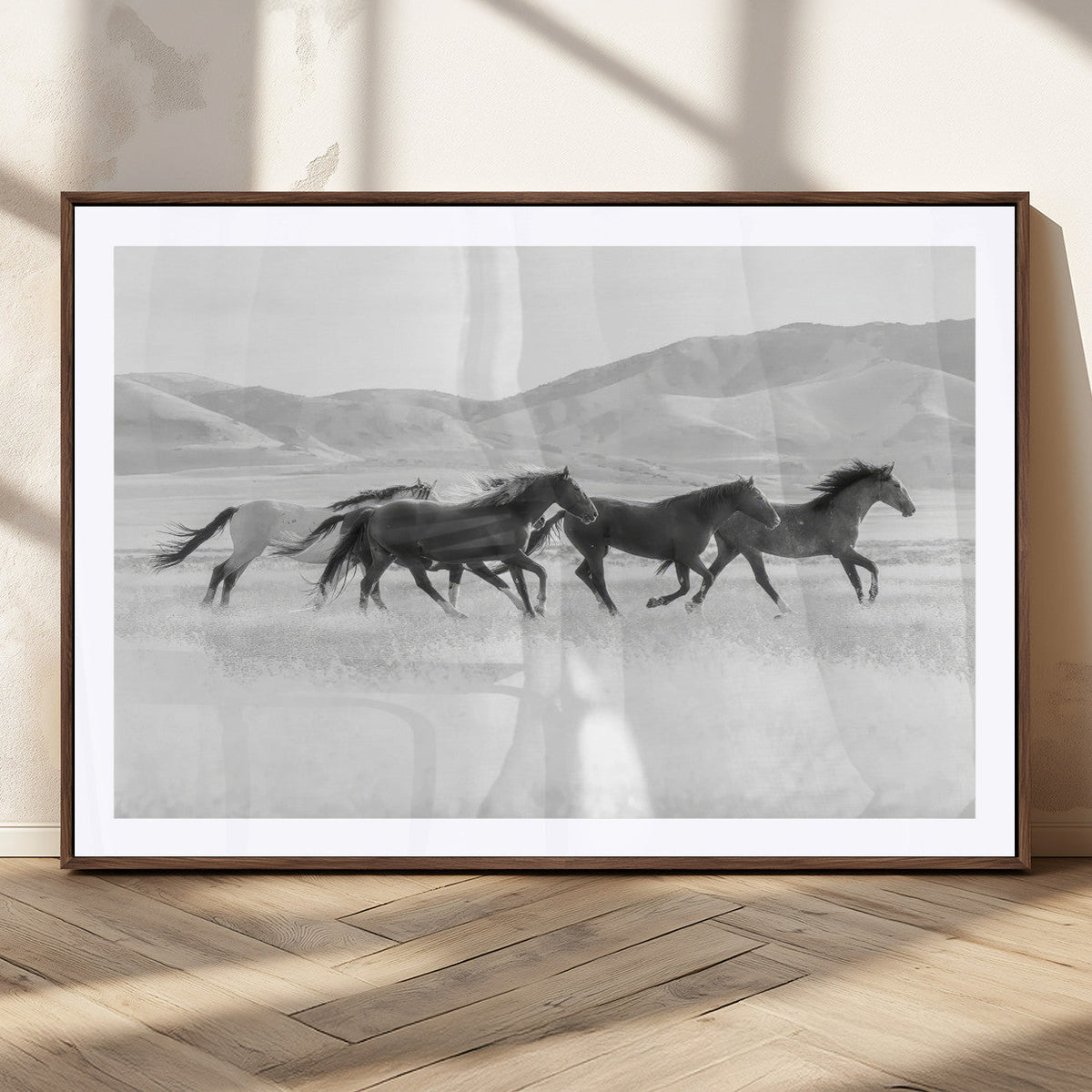 Wild Horses Running Wall Art Canvas Print, Framed Black White Mustangs Artwork