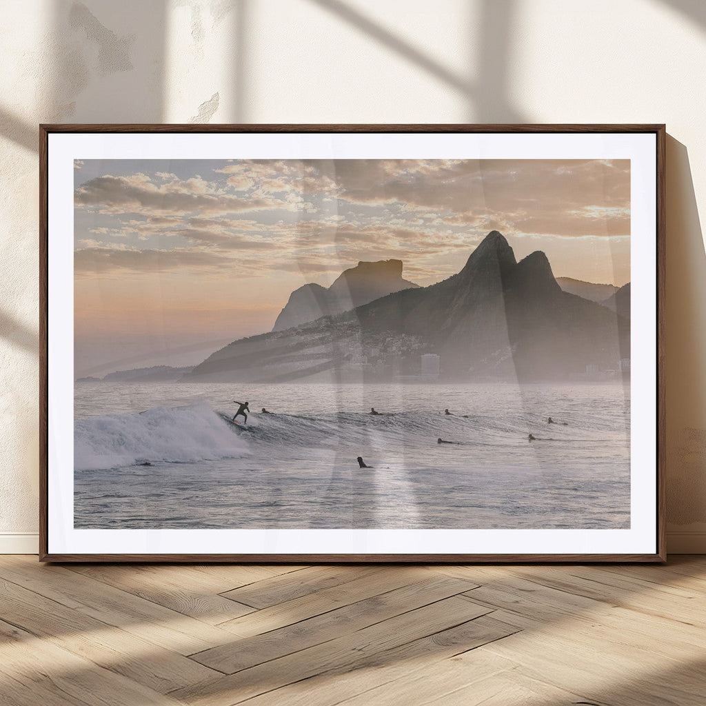 Sunset Surfing Wall Art Canvas Print, Framed Misty Mountains and Surfer Riding a Wave