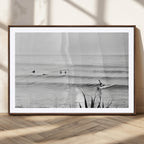 Surfer Silhouette Wall Art, Framed Calm Ocean Monochrome Surf Canvas Print