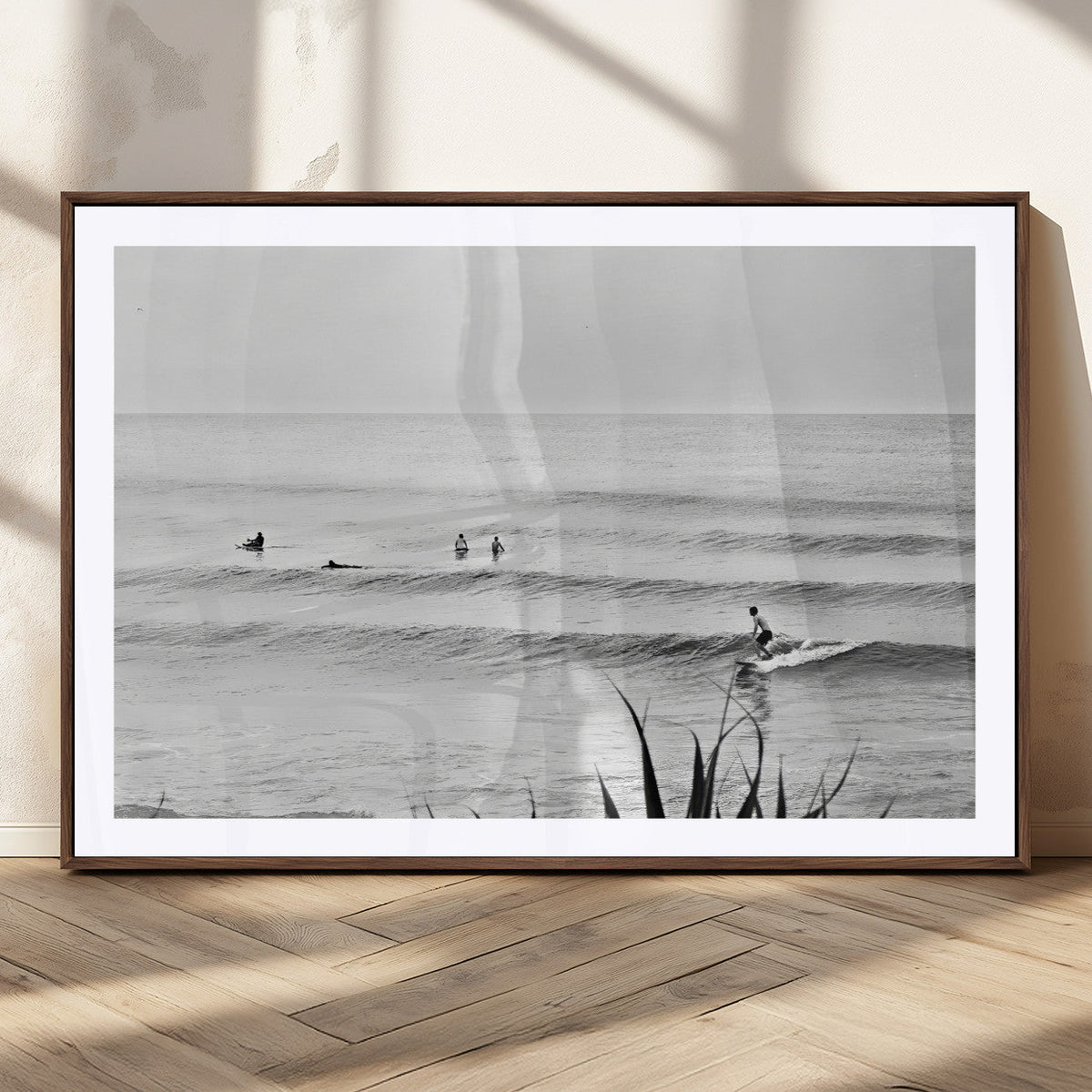 Surfer Silhouette Wall Art, Framed Calm Ocean Monochrome Surf Canvas Print