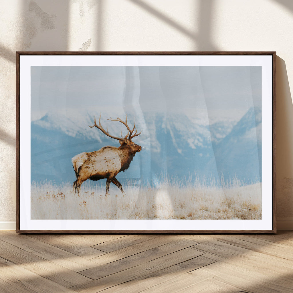 Mountain Elk Wall Art Canvas Print, Framed Rustic Wildlife Art, Lodge Style Decor