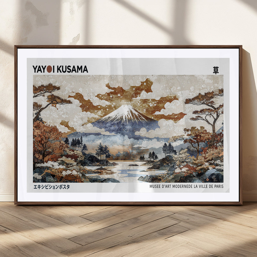 Modern Japanese Wall Art Canvas Print, Framed Abstract Mount Fuji Landscape, Yayoi Kusama Canvas Wall Art