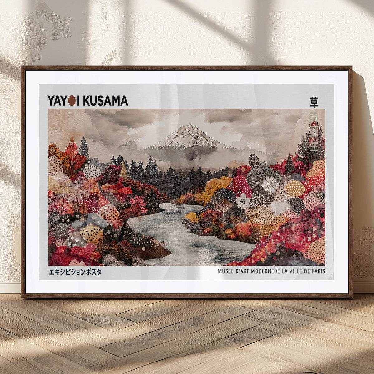 Modern Japanese Wall Art Canvas Print, Framed Abstract Mount Fuji Art, Yayoi Kusama Japanese Landscape