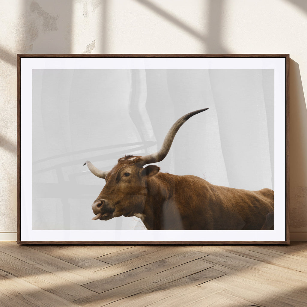 Longhorn Cow Wall Art Canvas Print, Framed Rustic Texas Bull Animal Decor