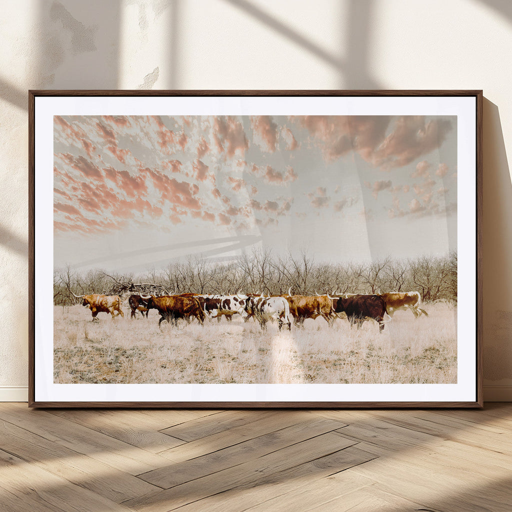 Country Cow Herd Wall Art Canvas Print, Framed Farmhouse Cattle Scene, Rustic Ranch Decor