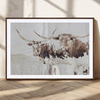 Longhorn Cow Wall Art Canvas Print, Framed Rustic Cattle Art, Sepia Western Decor