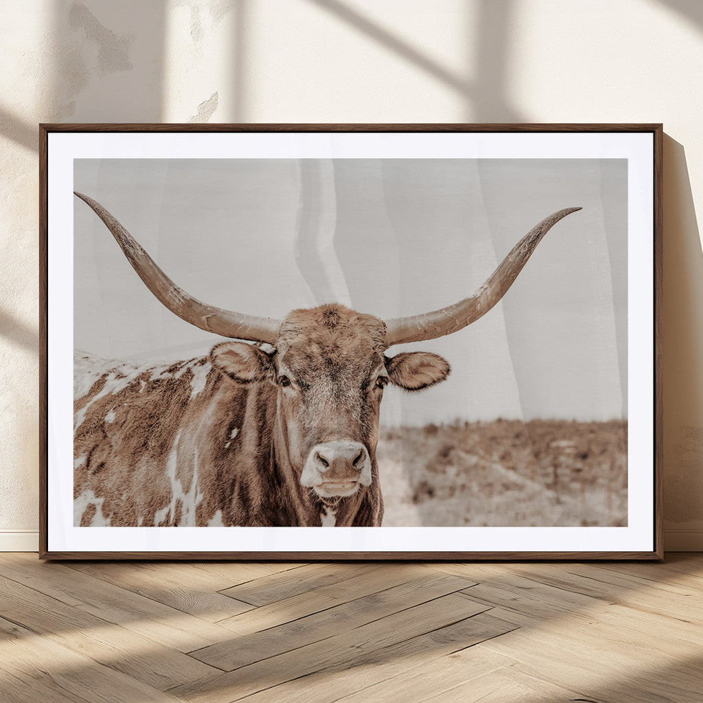 Longhorn Bull Wall Art Canvas Print, Framed Rustic Cow Decor, Neutral Farmhouse Style