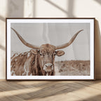 Longhorn Bull Wall Art Canvas Print, Framed Rustic Cow Decor, Neutral Farmhouse Style