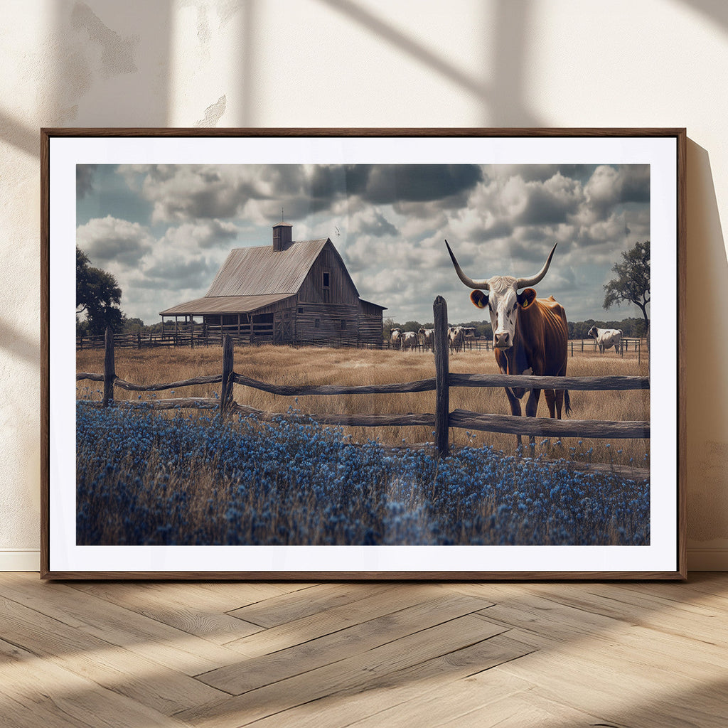 Texas Longhorn Wall Art Canvas Print, Framed Rustic Barn Art, Farmhouse Cow Decor