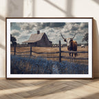 Texas Longhorn Wall Art Canvas Print, Framed Rustic Barn Art, Farmhouse Cow Decor