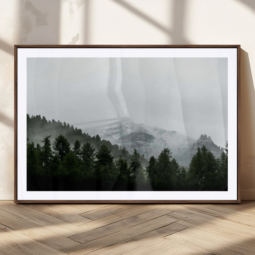 Misty Mountains Wall Art Canvas Print, Framed Foggy Forest Art, Snowy Peaks Landscape