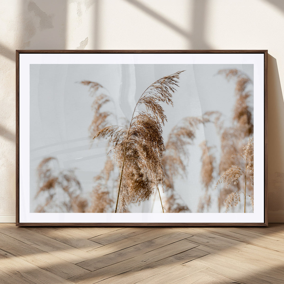 Pampas Grass Wall Art Canvas Print, Framed Neutral Tones Minimalist Boho
