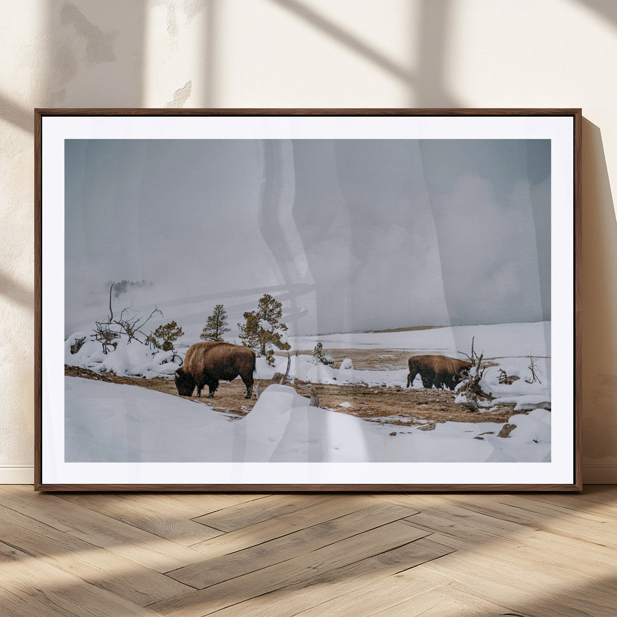 Bison Wildlife Wall Art Canvas Print, Framed Snowy Prairie Art, Western Landscape Decor