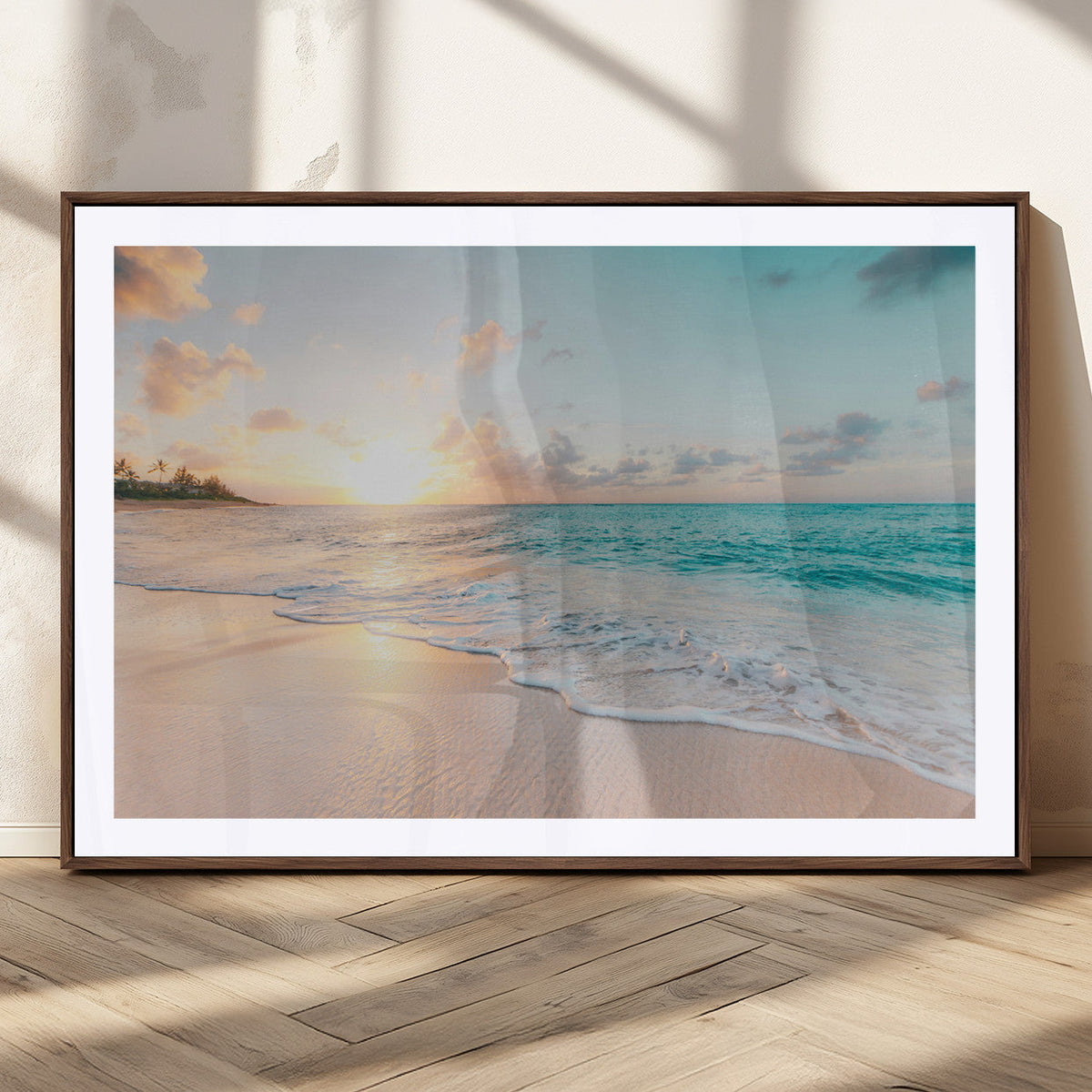 Beach Sunset Wall Art Canvas Print, Framed Ocean Waves Summer Escape