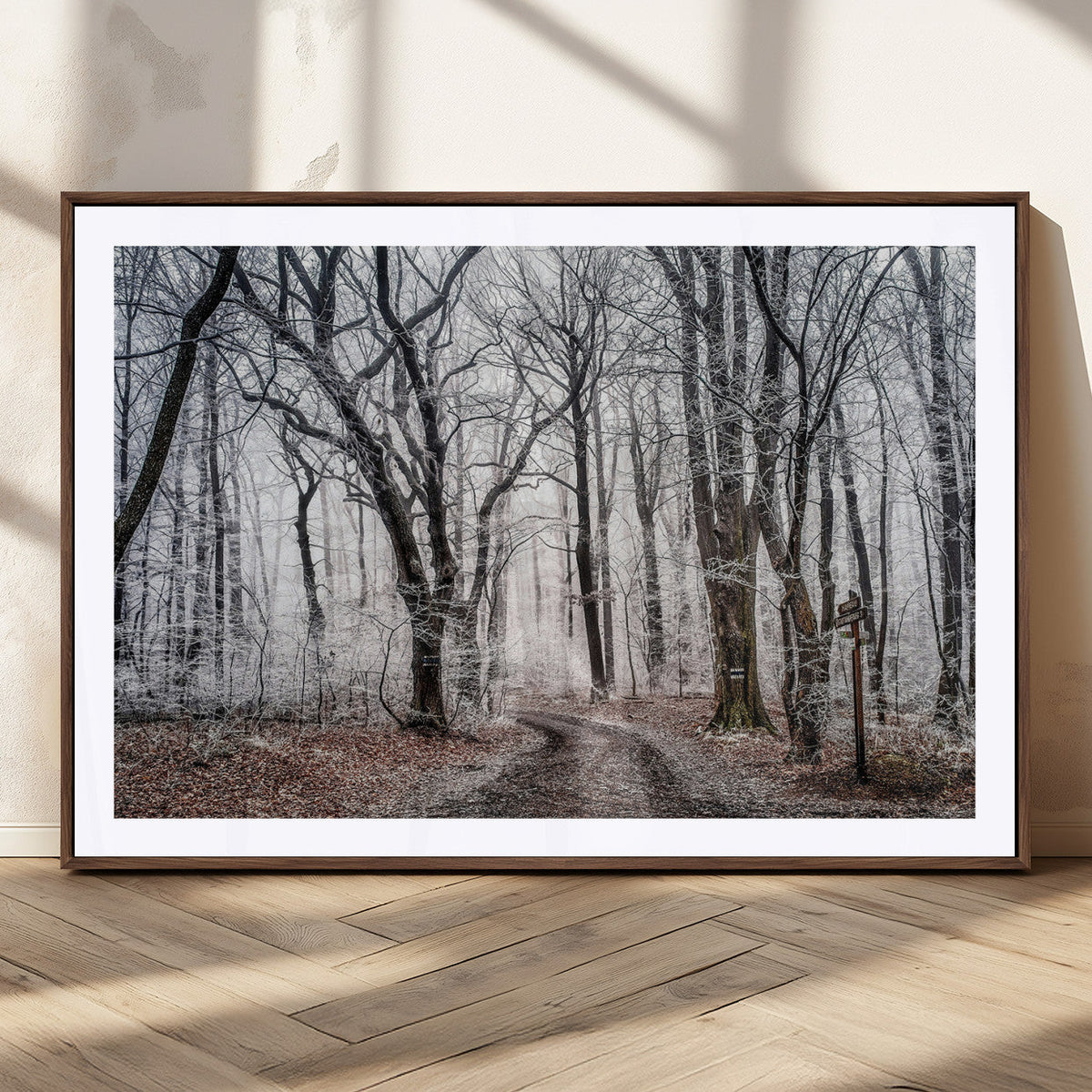 Winter Forest Wall Art Canvas Print, Framed Frosty Woodland with Misty Trees