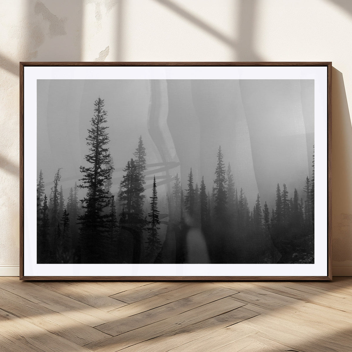 Misty Pines Wall Art Canvas Print, Framed Woodland Minimalist Black and White