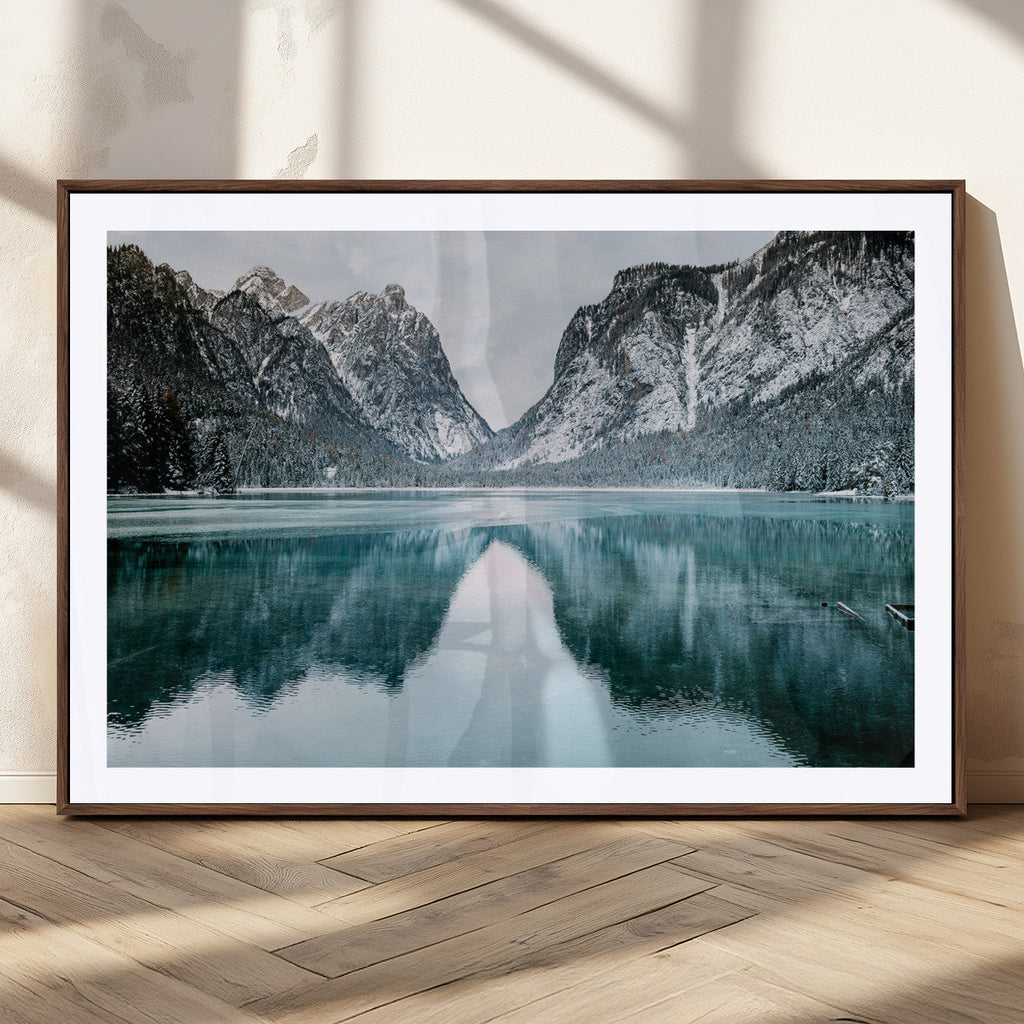Mountain Lake Wall Art Canvas Print, Framed Toblacher See Winter Wonderland