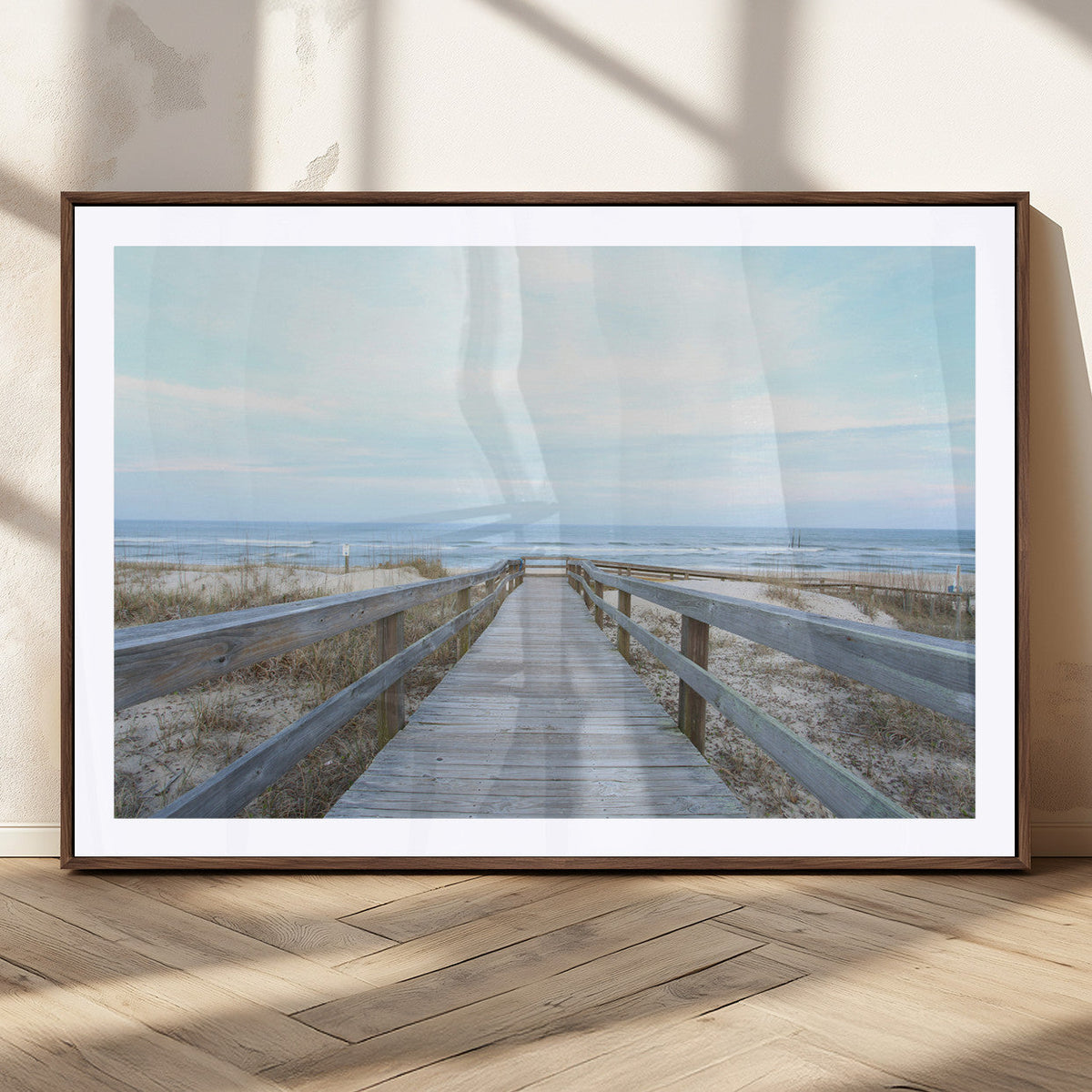 Beach Boardwalk Wall Art Canvas Print, Framed Coastal Serenity Ocean View