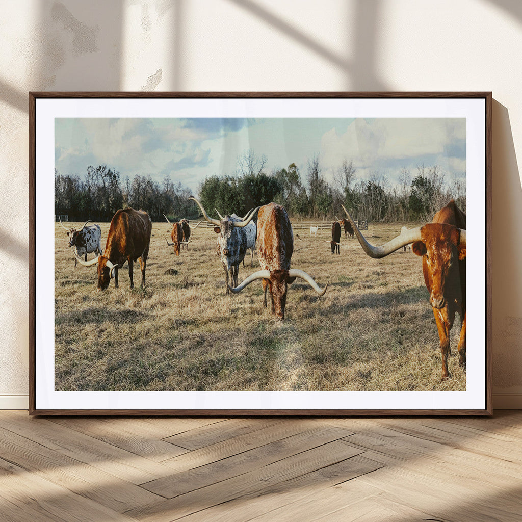 Texas Longhorns Wall Art Canvas Print, Framed Rustic Farm Scene Western Cattle