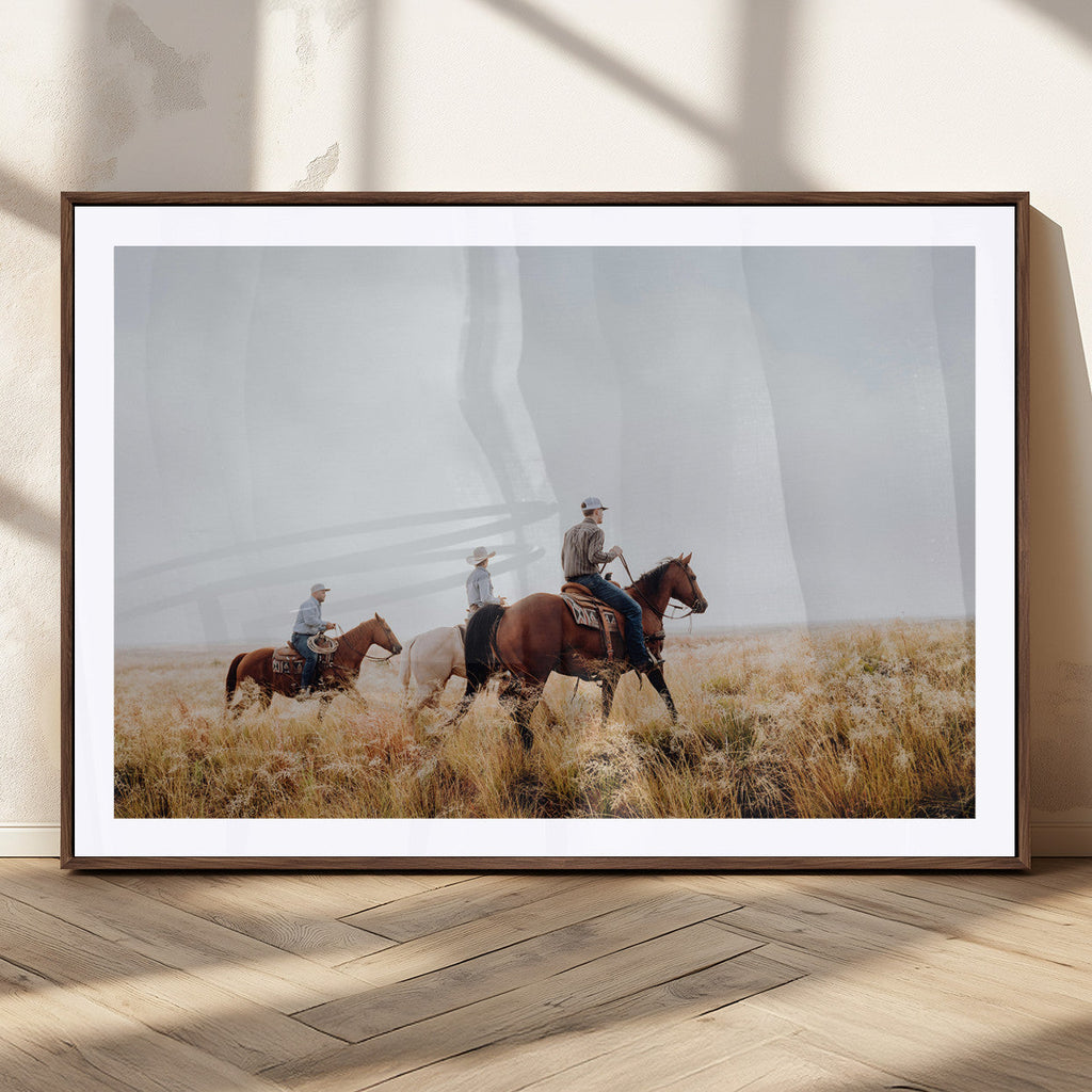 Western Cowboys Wall Art Canvas Print, Framed Horseback Riders on a Rustic Prairie