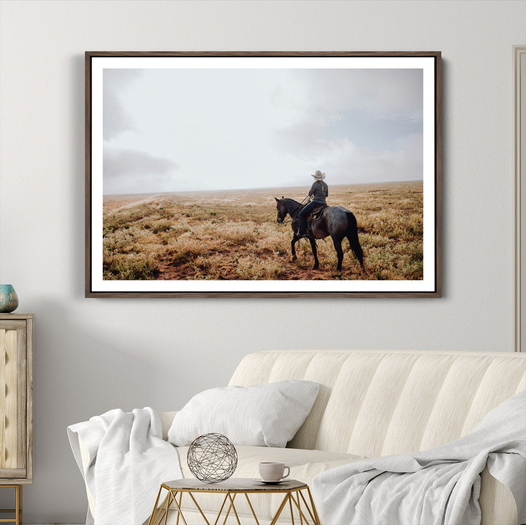 Cowboy Wall Art Canvas Print, Framed Western Rustic Ranch Scene