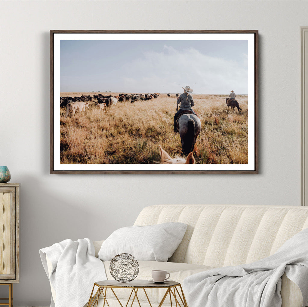 Western Wall Art Canvas Print, Framed Cowboy Cattle Drive Scene