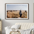 Western Wall Art Canvas Print, Framed Cowboy Cattle Drive Scene